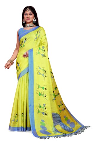Khadi Silk Warli Printed Saree with Unstitched Blouse for Women (Color - Green) by SHIV TEXTILES