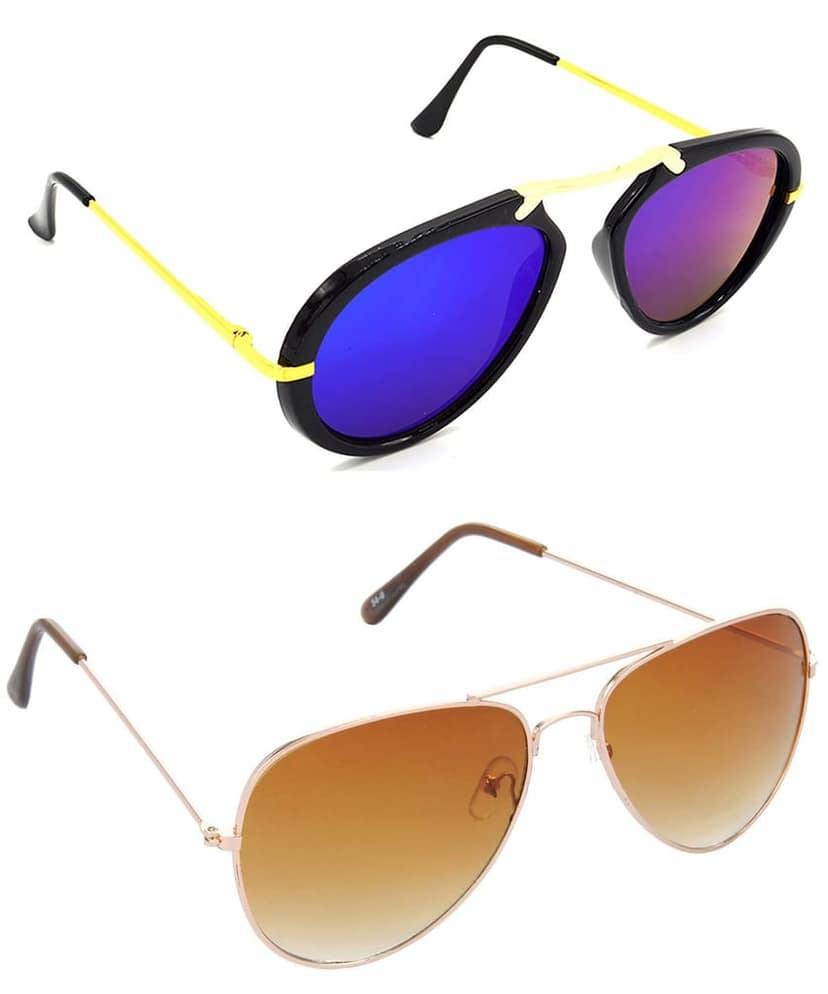 HRINKAR Unisex Wrap-around Sunglasses Golden Frame, Pink & Brown Lens (Medium) - Pack of 2