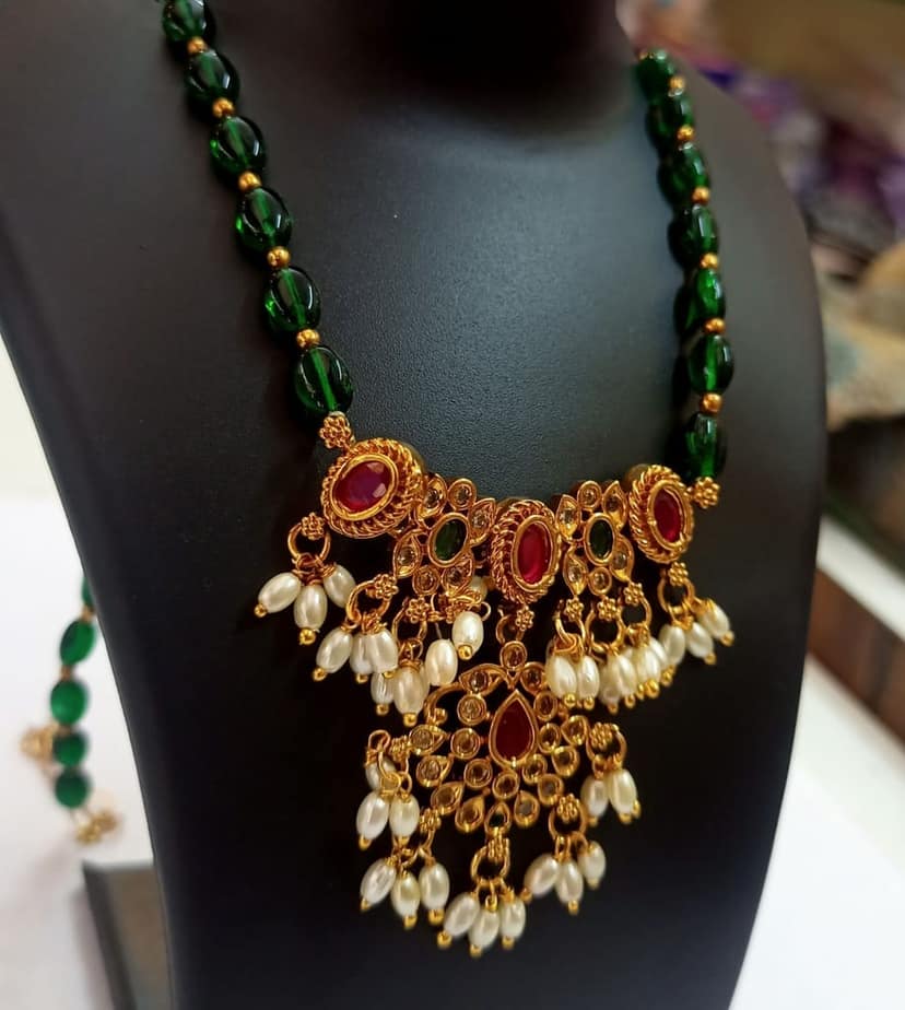 oxidized gold plated traditional necklace set with green beads and pearls view 2