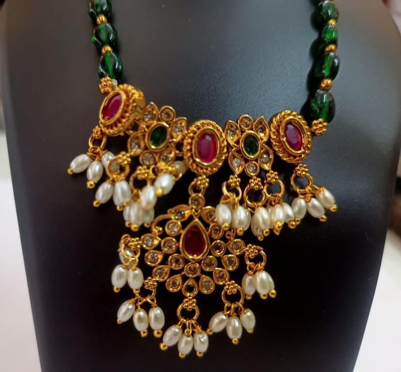 oxidized gold plated traditional necklace set with green beads and pearls view 3