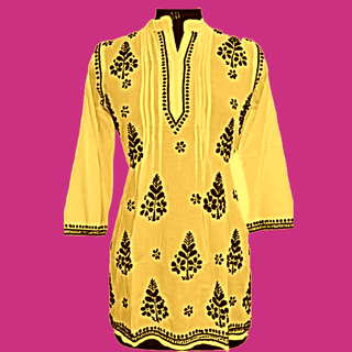 Yellow and Black Embroidered Colour Pure Cotton Chikankari Kurti