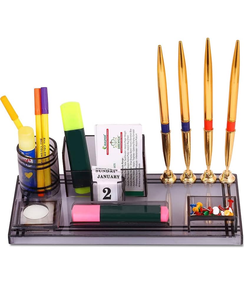 Rasper Acrylic Pen Stand Table Top With 4 Pen Holder And Visiting Card Holder Multipurpose Desk Organiser Pen Holder For Office Table (11x5 Inches)