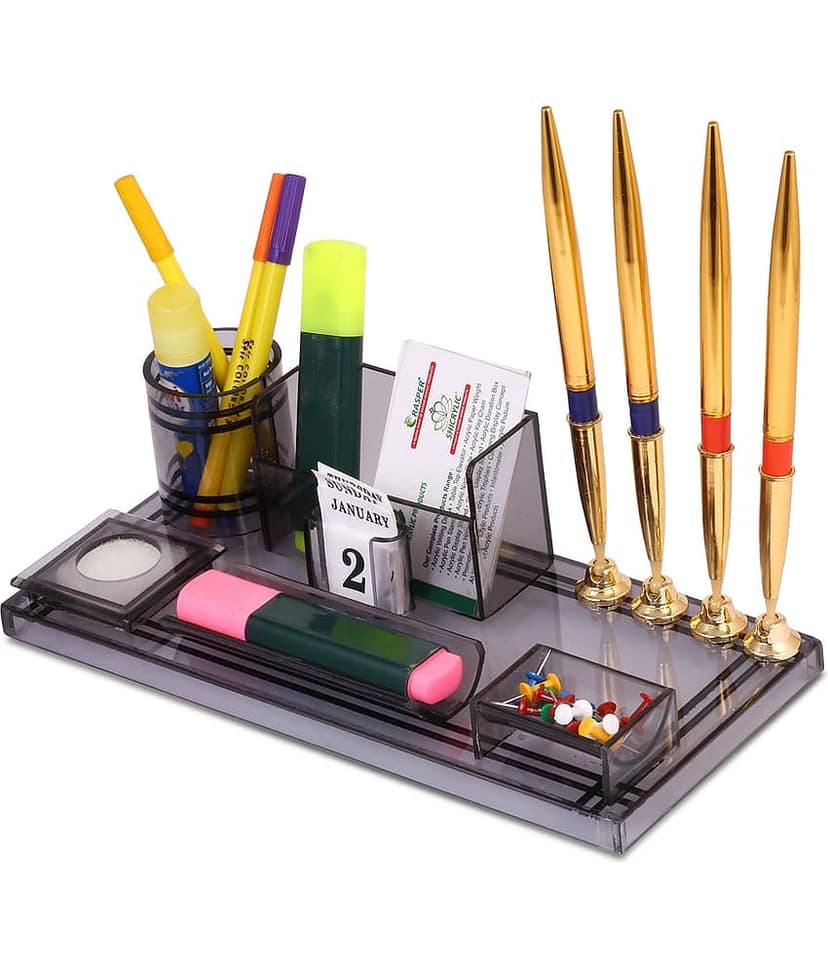 Rasper Acrylic Pen Stand Table Top With 4 Pen Holder And Visiting Card Holder Multipurpose Desk Organiser Pen Holder For Office Table (11x5 Inches) view 2