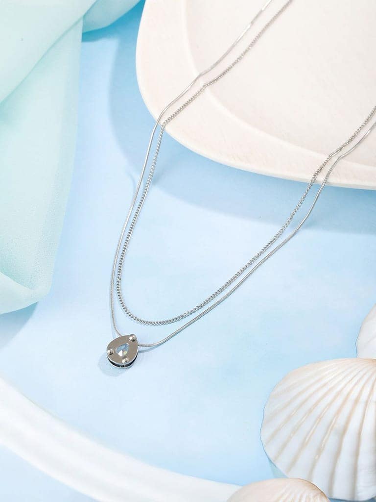 Anti-Tarnish Rhodium Plated Layered Shiny Stone Necklace & Chain view 3