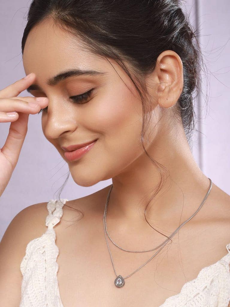Anti-Tarnish Rhodium Plated Layered Shiny Stone Necklace & Chain view 4