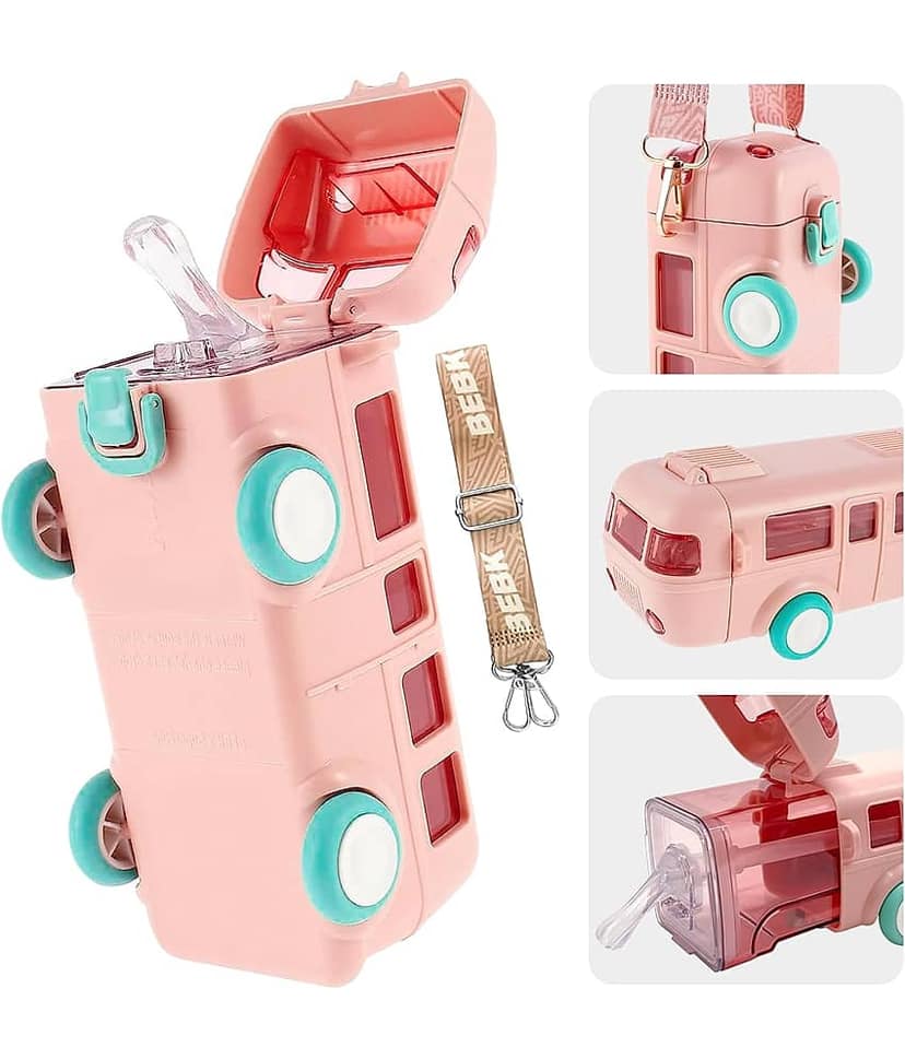BANISTROKES Bus Water Bottle for Kid with Straw and Sticker Sport Plastic Portable Drinking Bottle for Kids Boys And Girls School Supplies