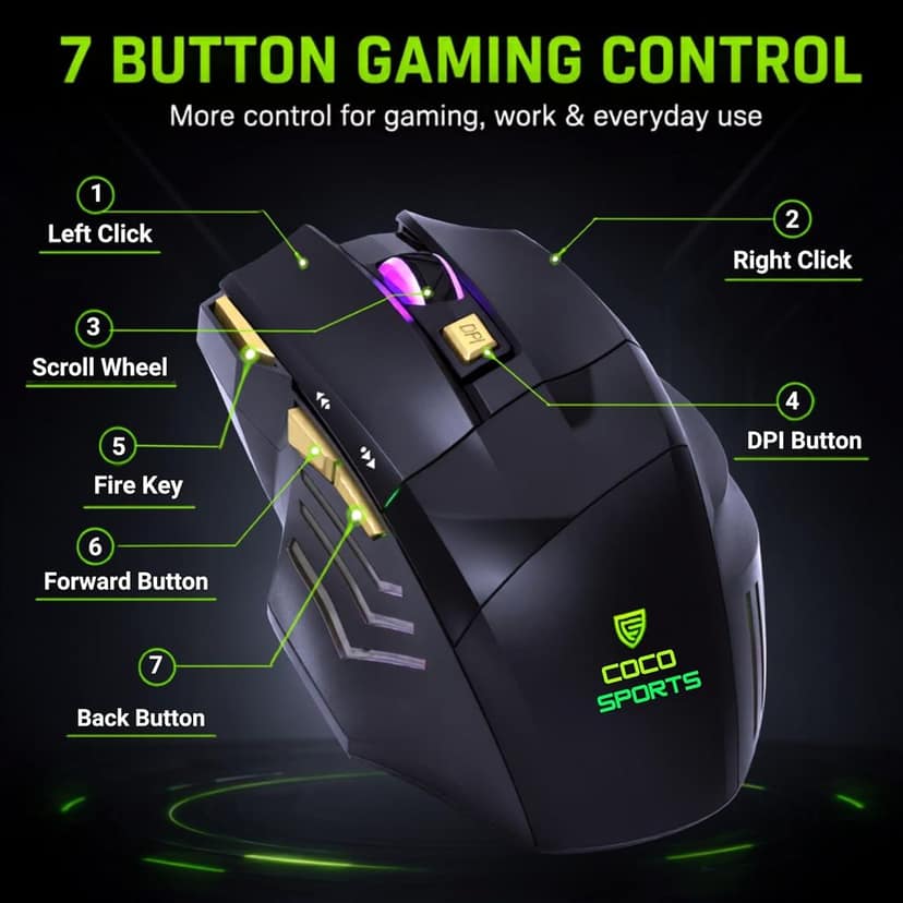 coconut Gold+ Wireless Gaming Mouse Rechargeable, Bluetooth + 2.4GHz Dual Mode Multi Device Mouse, 3200 DPI, RGB LED Gaming Mouse with 7 Buttons & Fire Button, Ergonomic Mouse for Laptop PC Computer view 2