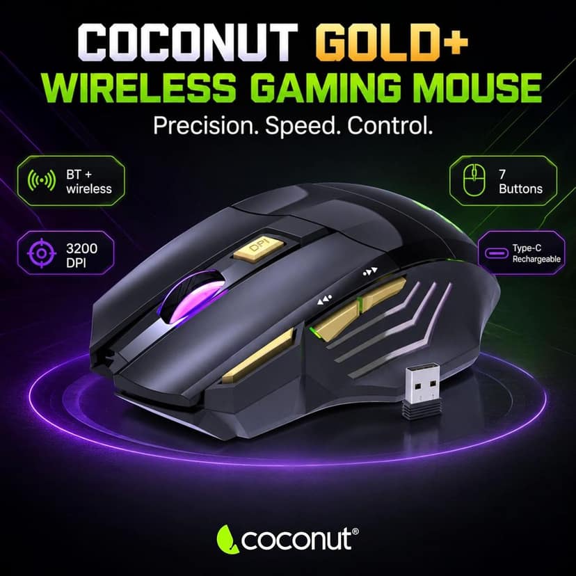 coconut Gold+ Wireless Gaming Mouse Rechargeable, Bluetooth + 2.4GHz Dual Mode Multi Device Mouse, 3200 DPI, RGB LED Gaming Mouse with 7 Buttons & Fire Button, Ergonomic Mouse for Laptop PC Computer view 3