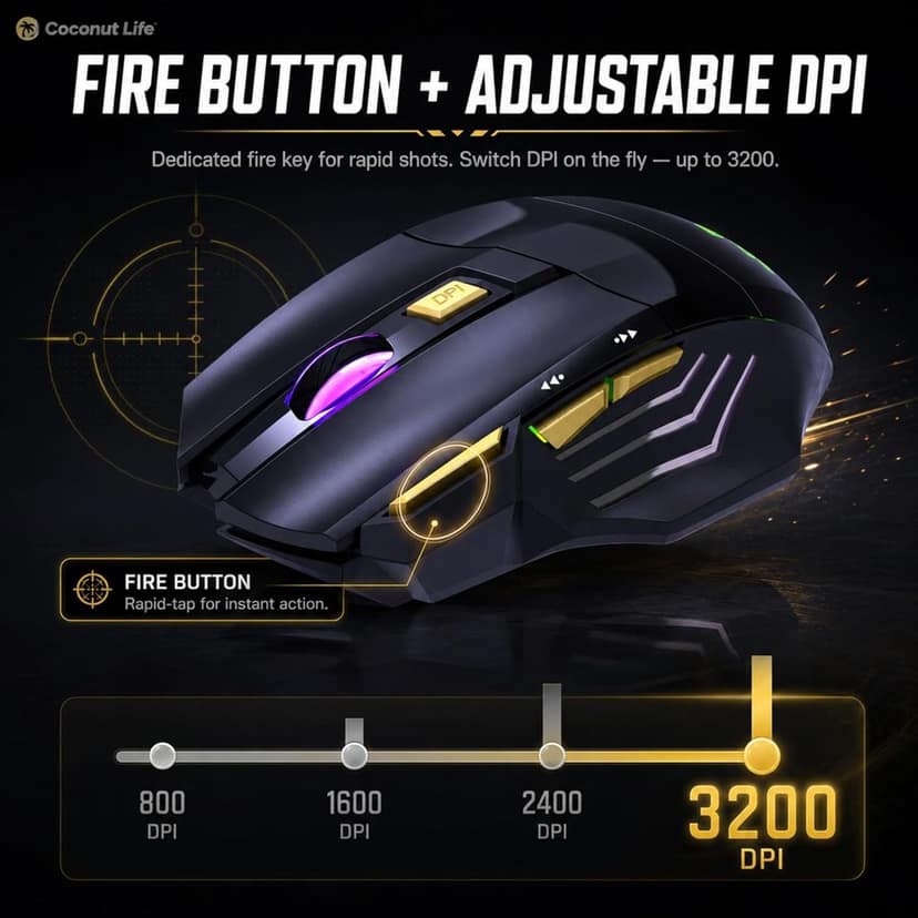 coconut Gold+ Wireless Gaming Mouse Rechargeable, Bluetooth + 2.4GHz Dual Mode Multi Device Mouse, 3200 DPI, RGB LED Gaming Mouse with 7 Buttons & Fire Button, Ergonomic Mouse for Laptop PC Computer view 4