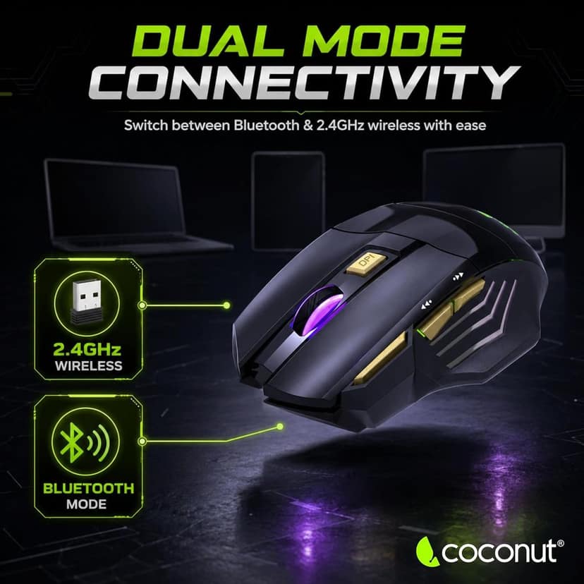 coconut Gold+ Wireless Gaming Mouse Rechargeable, Bluetooth + 2.4GHz Dual Mode Multi Device Mouse, 3200 DPI, RGB LED Gaming Mouse with 7 Buttons & Fire Button, Ergonomic Mouse for Laptop PC Computer view 5