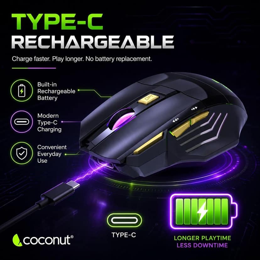coconut Gold+ Wireless Gaming Mouse Rechargeable, Bluetooth + 2.4GHz Dual Mode Multi Device Mouse, 3200 DPI, RGB LED Gaming Mouse with 7 Buttons & Fire Button, Ergonomic Mouse for Laptop PC Computer view 6