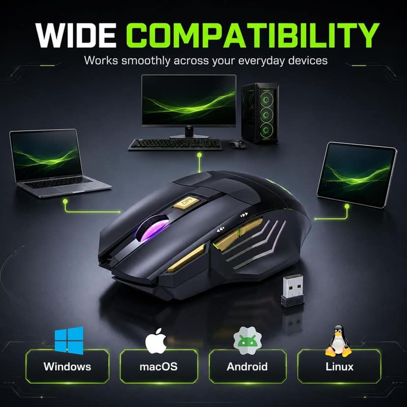 coconut Gold+ Wireless Gaming Mouse Rechargeable, Bluetooth + 2.4GHz Dual Mode Multi Device Mouse, 3200 DPI, RGB LED Gaming Mouse with 7 Buttons & Fire Button, Ergonomic Mouse for Laptop PC Computer view 7