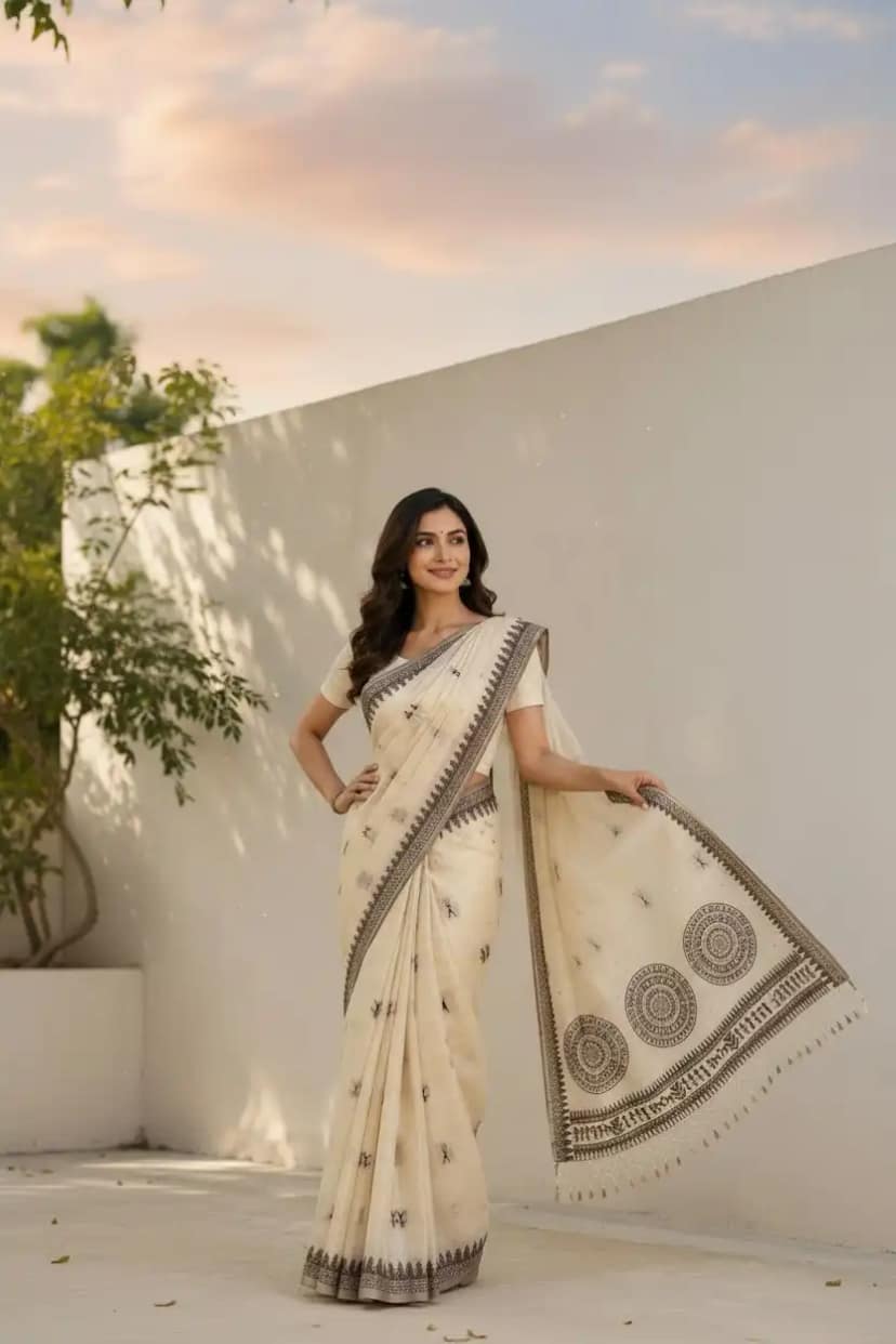 Handwoven Sambalpuri Ikat Cotton Saree in Ivory with Contrast Border