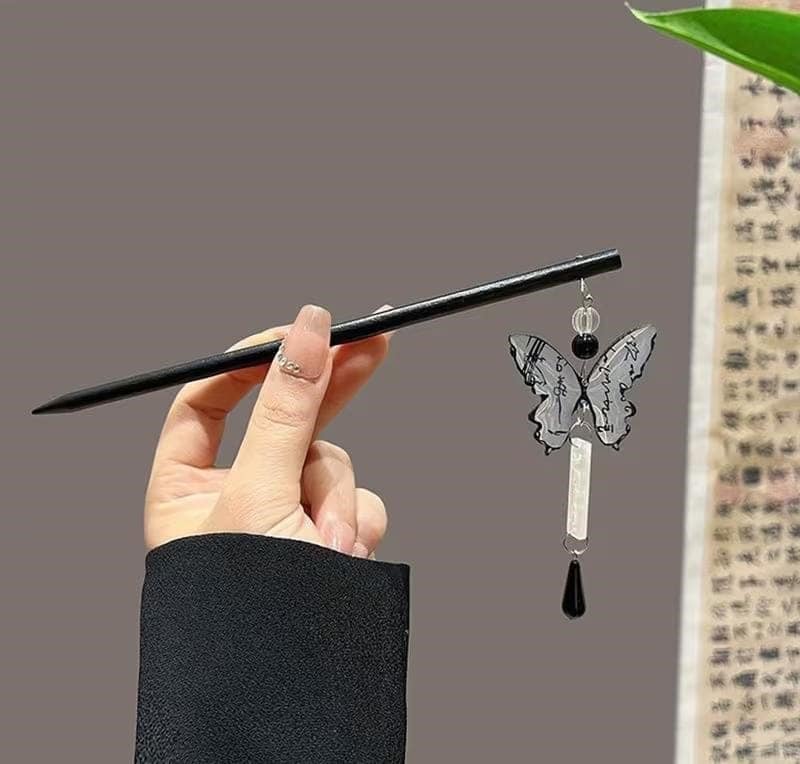 Black Butterfly Tassel Wooden Hair Juda Bun Stick view 3