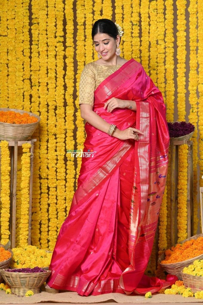Rajsi~ Handloom Pure Silk Paithani Saree with Most Traditional Double Pallu in Beautiful Pink Bloom view 2