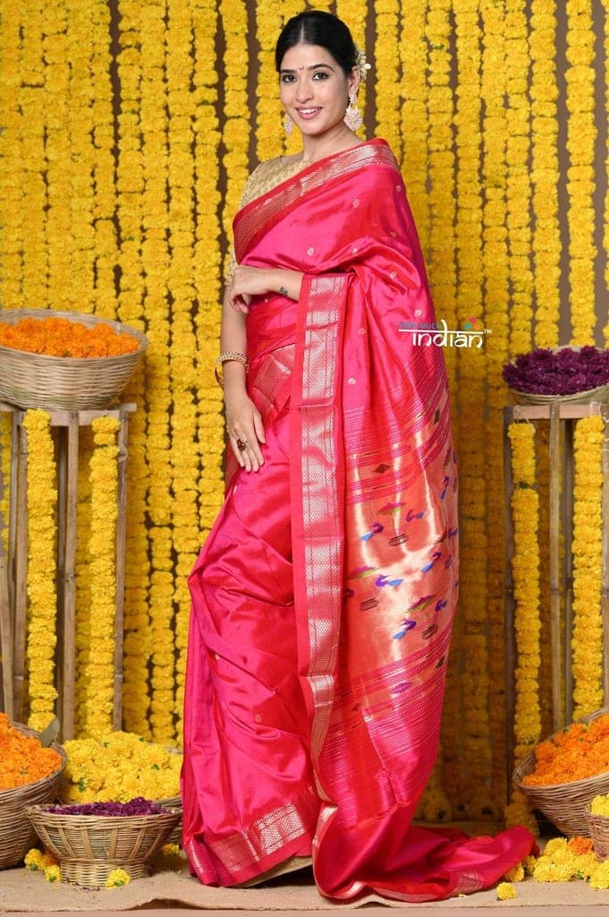 Rajsi~ Handloom Pure Silk Paithani Saree with Most Traditional Double Pallu in Beautiful Pink Bloom view 4