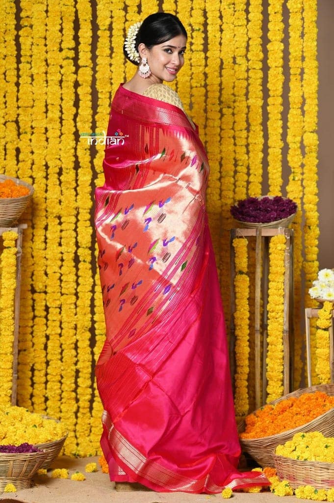 Rajsi~ Handloom Pure Silk Paithani Saree with Most Traditional Double Pallu in Beautiful Pink Bloom view 5
