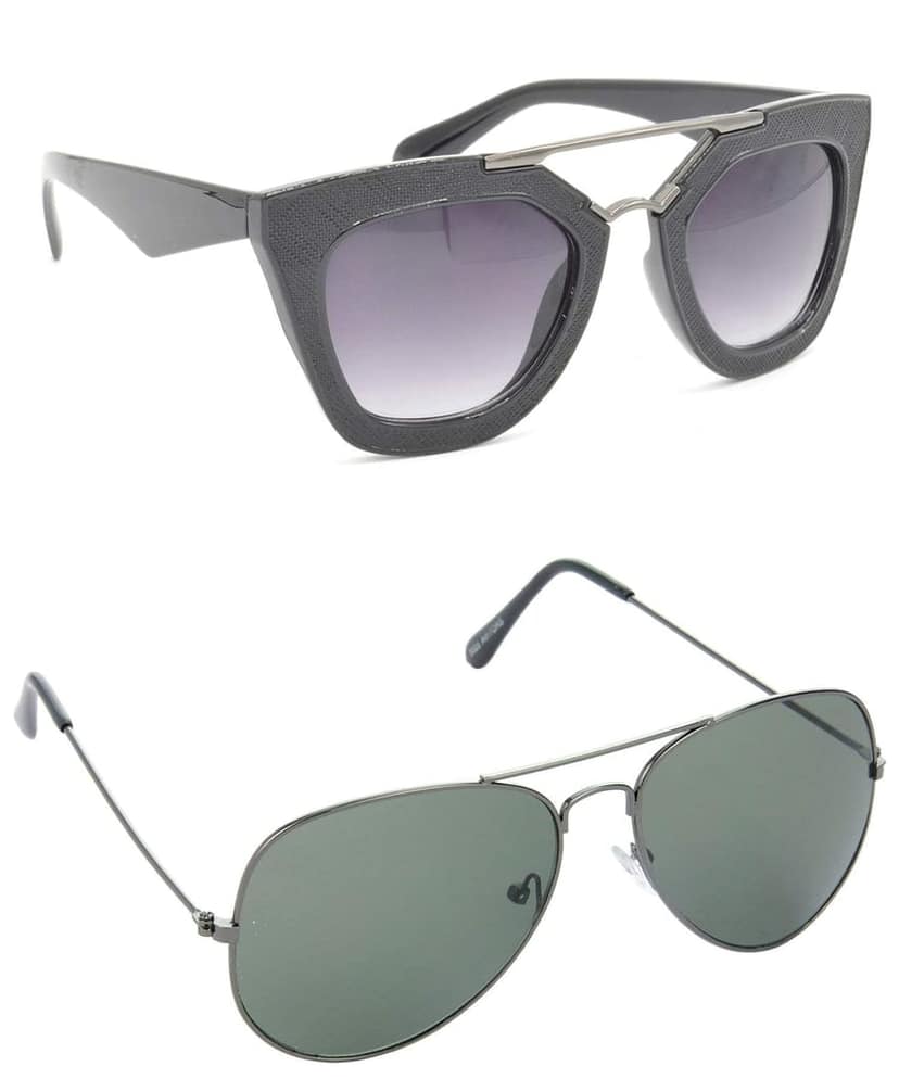 HRINKAR Unisex Rectangular Sunglasses Black & Grey Frame, Grey & Green Lens (Medium) - Pack of 2