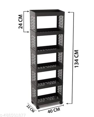 6 Layer Plastic Kitchen Storage Trolley Rack with Caster Wheels (Black, 6 Layer)