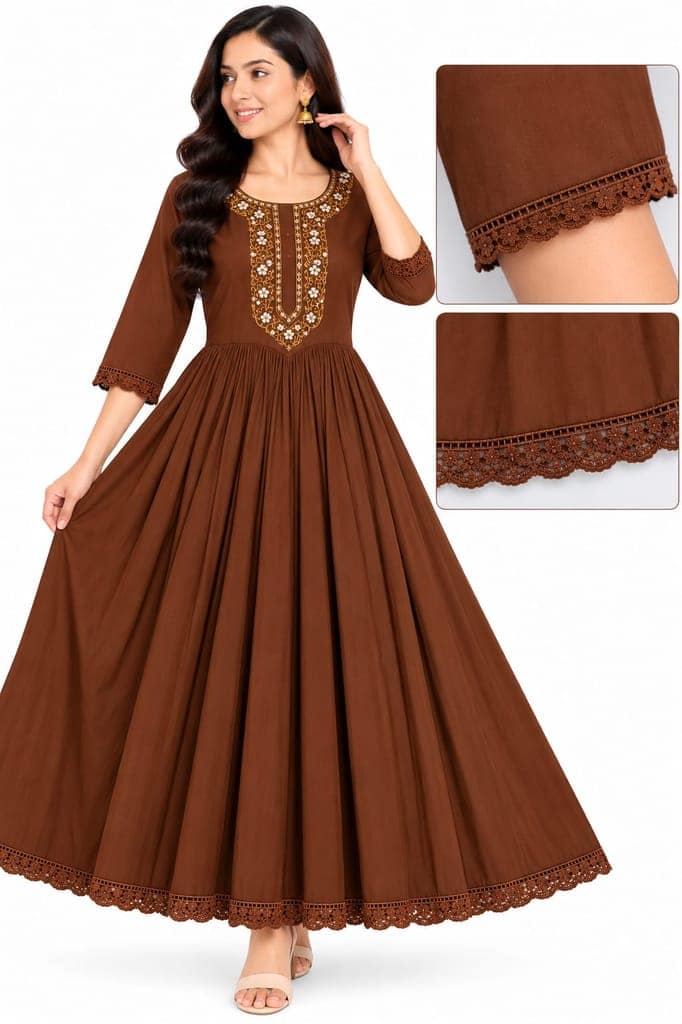 Women Solid Embroidered Anarkali Gown with 3/4 Sleeves, Lace Border and Back Tassel | Ethnic Festive Wear view 3