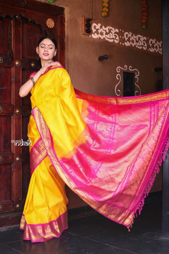 Utsaav ~ Gadwal Pure Silk Traditional Handloom Saree - Bright Yellow with a Pink Border, Authentic Pure Silk view 2