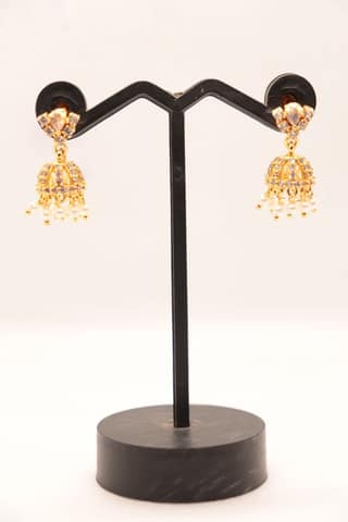 Gold plated pearl and cubic zirconia jhumka earrings
