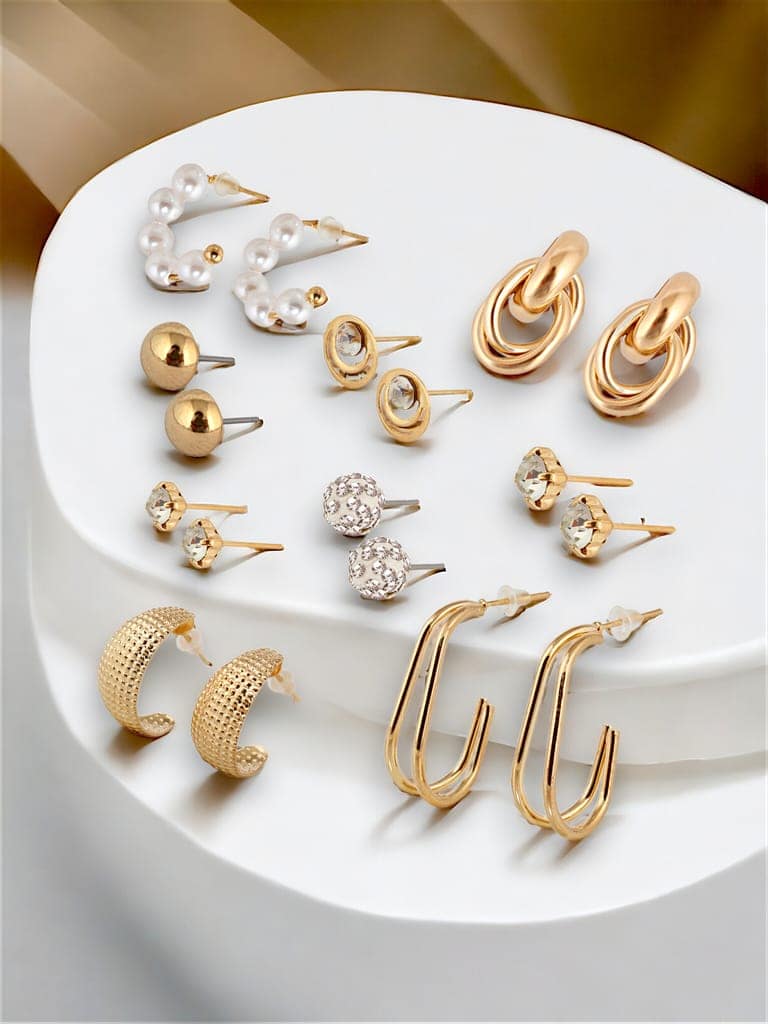 LUCKY JEWELLERY Fashion 9 Pairs Combo Set Of Latest Earrings Celebrity Inspired Stylish Trendy Gold Plated Stud Tops Earing Chain Link Dangle C Shaped Earring for Women & Girls (225-CHEX-1155-9) view 2