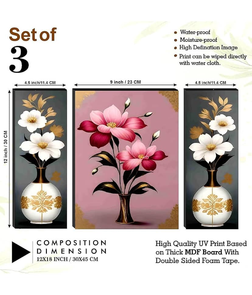 SNDArt Set Of 3 Flower Pots Wall Paintings For Living Room Gift Items 12 x 18 inch view 2