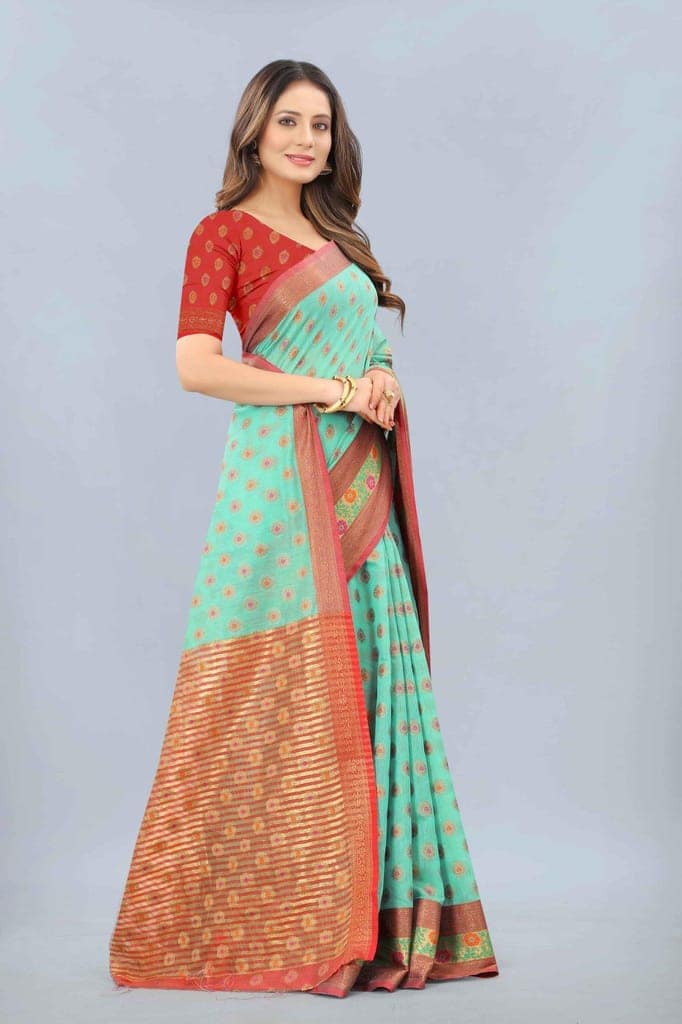 Women's Cotton Woven Rama Saree view 4