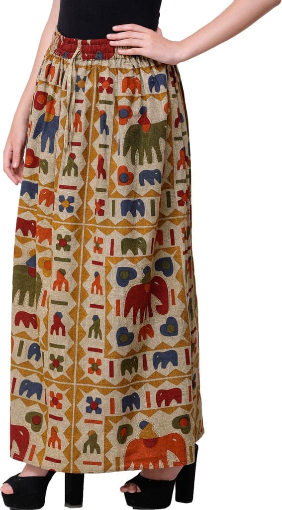 Pale Olive Green Stone-Washed Long Elastic Skirt with Printed Elephants view 3