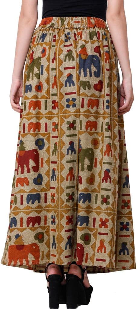 Pale Olive Green Stone-Washed Long Elastic Skirt with Printed Elephants view 4