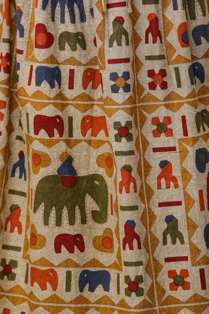 Pale Olive Green Stone-Washed Long Elastic Skirt with Printed Elephants view 5