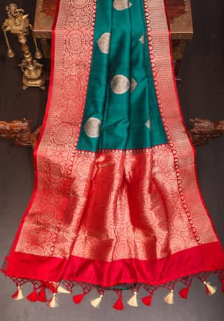 Teal Green Banarasi Tussar Silk Saree with Floral buttas and Zari Border | SILK MARK CERTIFIED