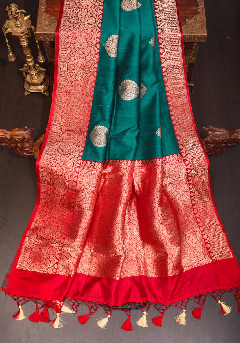 Teal Green Banarasi Tussar Silk Saree with Floral buttas and Zari Border | SILK MARK CERTIFIED