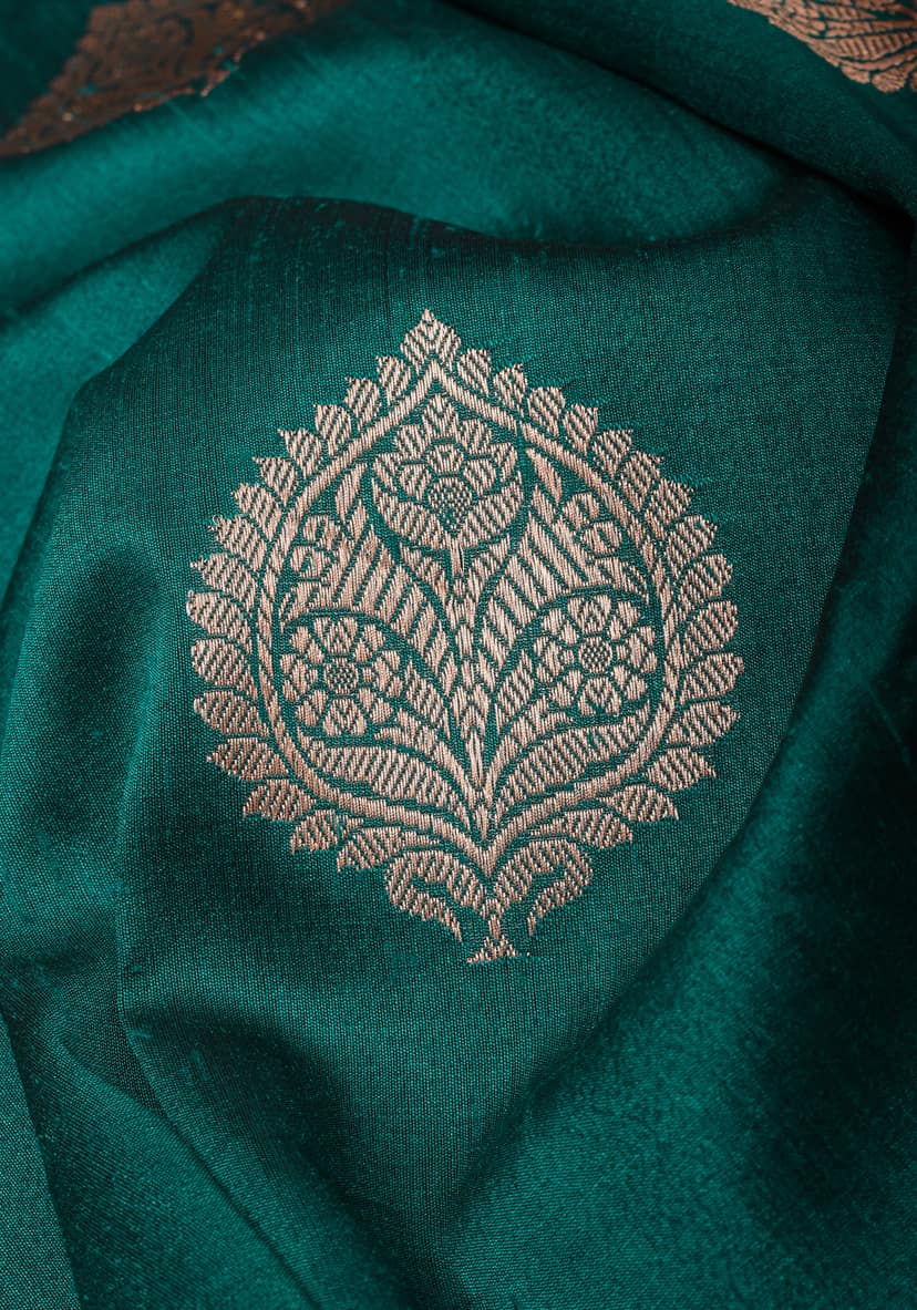 Teal Green Banarasi Tussar Silk Saree with Floral buttas and Zari Border | SILK MARK CERTIFIED view 2