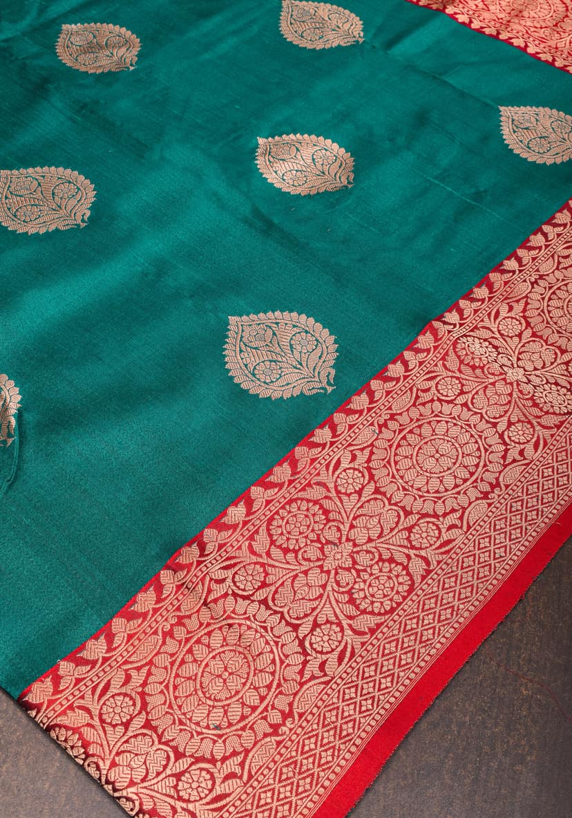 Teal Green Banarasi Tussar Silk Saree with Floral buttas and Zari Border | SILK MARK CERTIFIED view 3