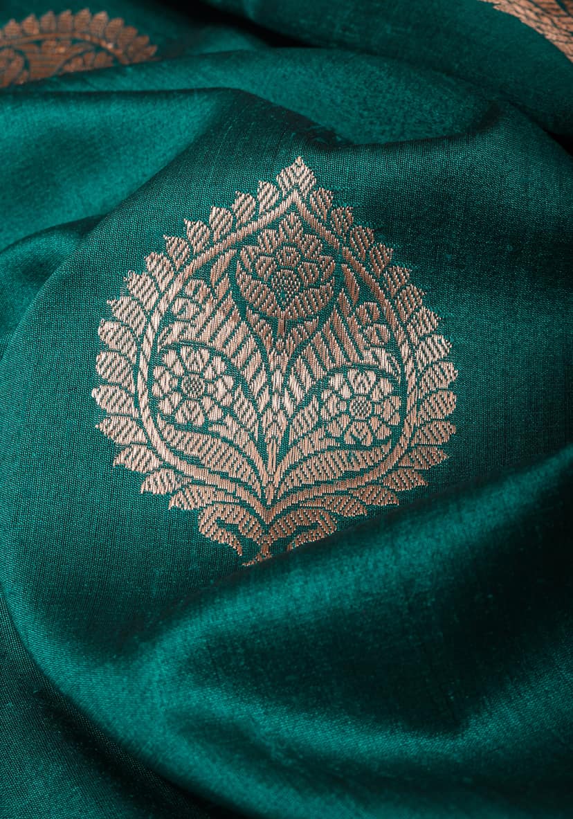 Teal Green Banarasi Tussar Silk Saree with Floral buttas and Zari Border | SILK MARK CERTIFIED view 4
