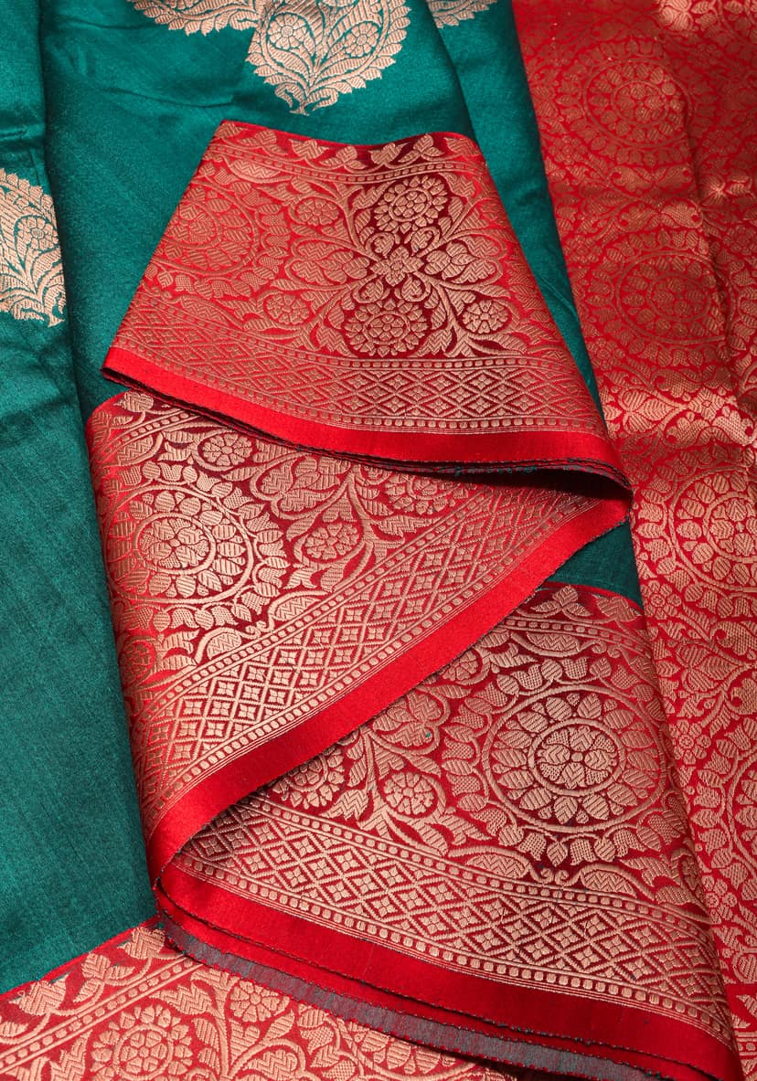 Teal Green Banarasi Tussar Silk Saree with Floral buttas and Zari Border | SILK MARK CERTIFIED view 5
