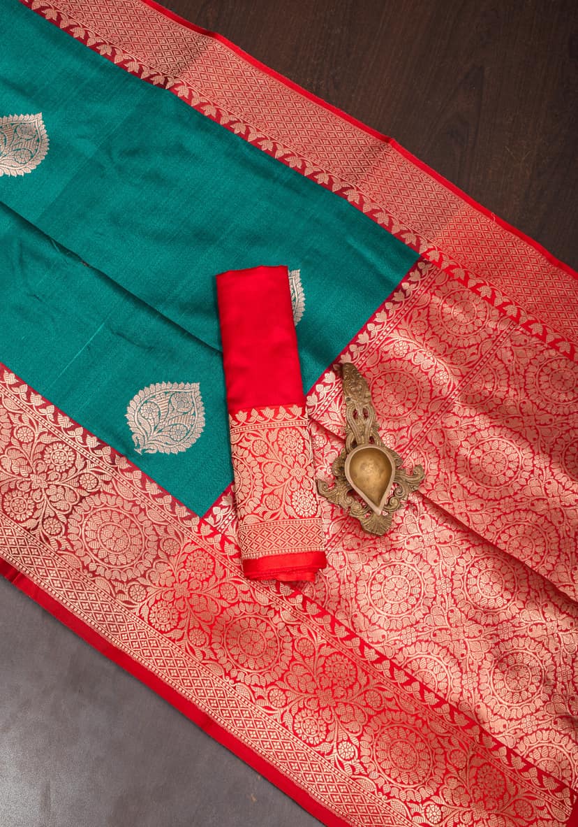 Teal Green Banarasi Tussar Silk Saree with Floral buttas and Zari Border | SILK MARK CERTIFIED view 6