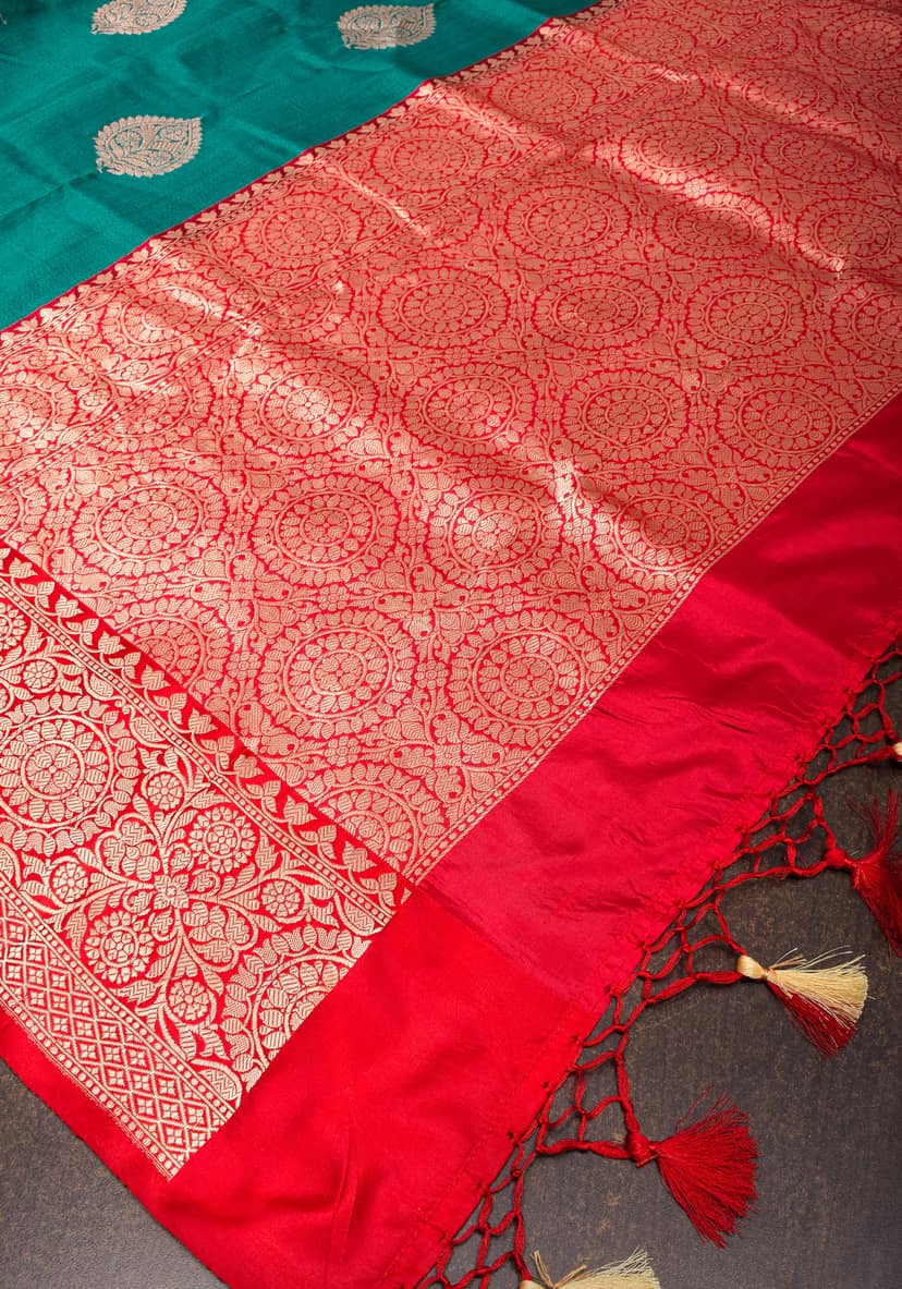 Teal Green Banarasi Tussar Silk Saree with Floral buttas and Zari Border | SILK MARK CERTIFIED view 7