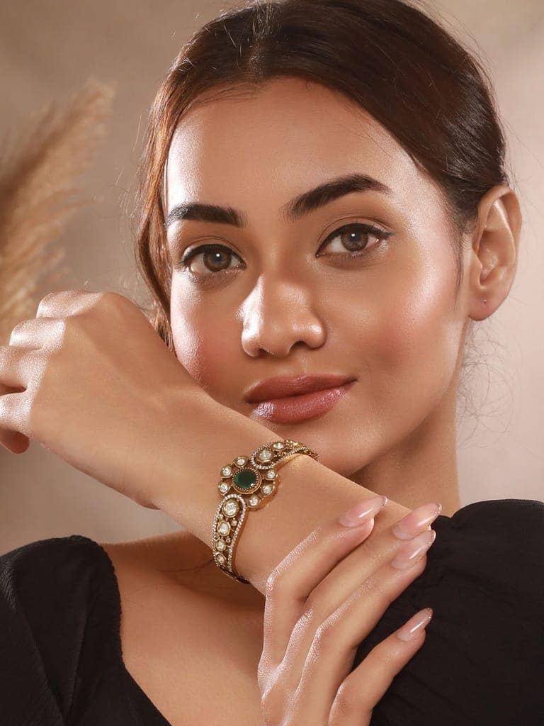 Gold Polish Green Emerald Kundan Mossanaite Studded Floral Openable Kada Bracelet