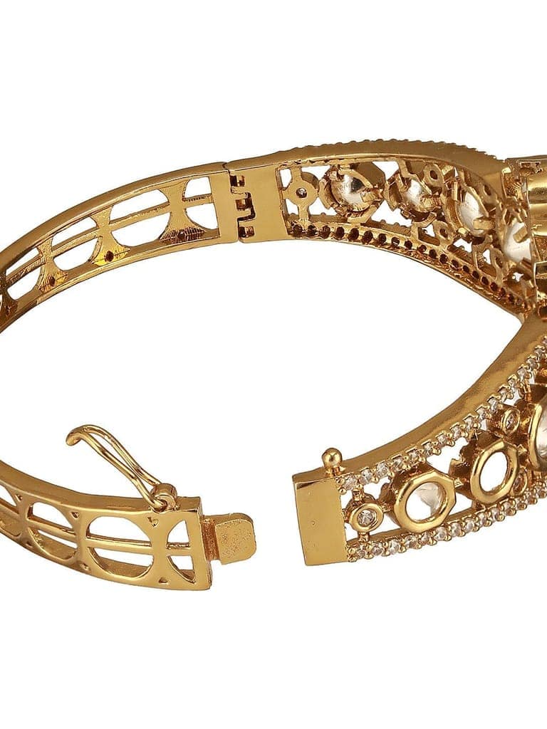 Gold Polish Green Emerald Kundan Mossanaite Studded Floral Openable Kada Bracelet view 10
