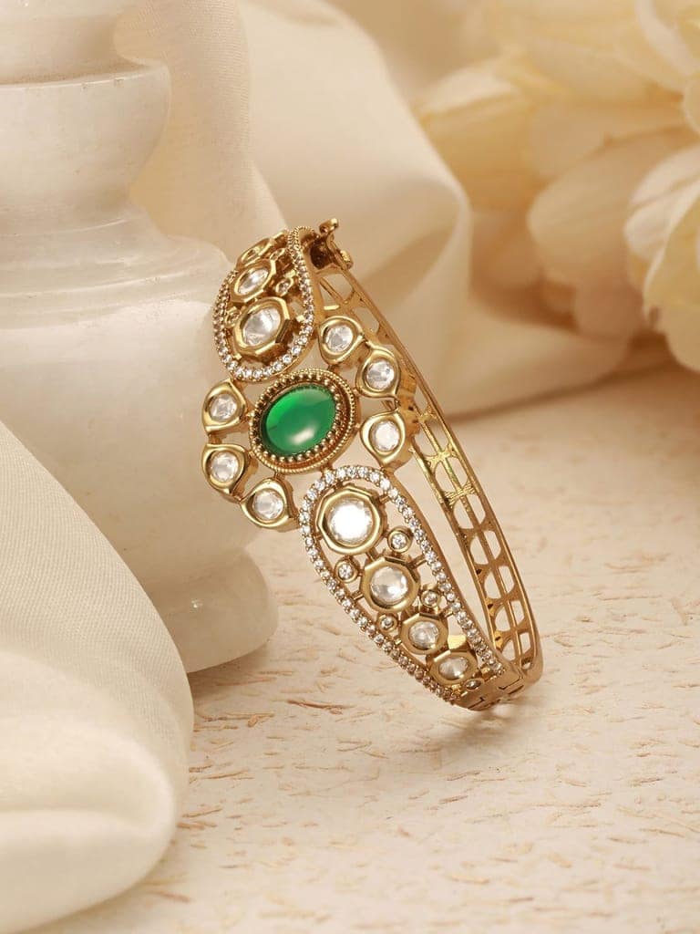 Gold Polish Green Emerald Kundan Mossanaite Studded Floral Openable Kada Bracelet view 2
