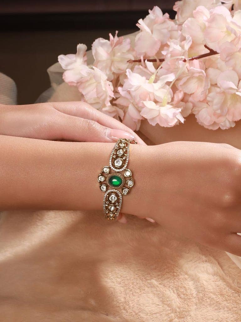 Gold Polish Green Emerald Kundan Mossanaite Studded Floral Openable Kada Bracelet view 3