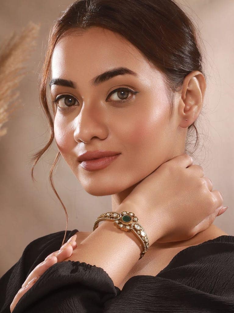 Gold Polish Green Emerald Kundan Mossanaite Studded Floral Openable Kada Bracelet view 4