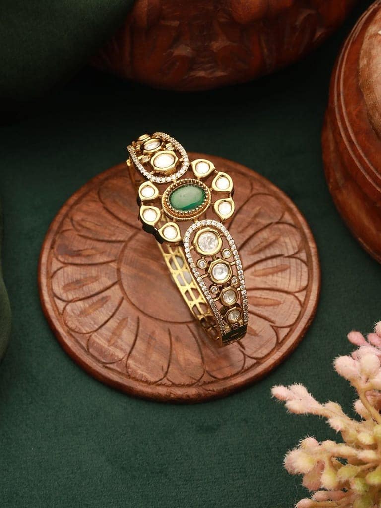 Gold Polish Green Emerald Kundan Mossanaite Studded Floral Openable Kada Bracelet view 5