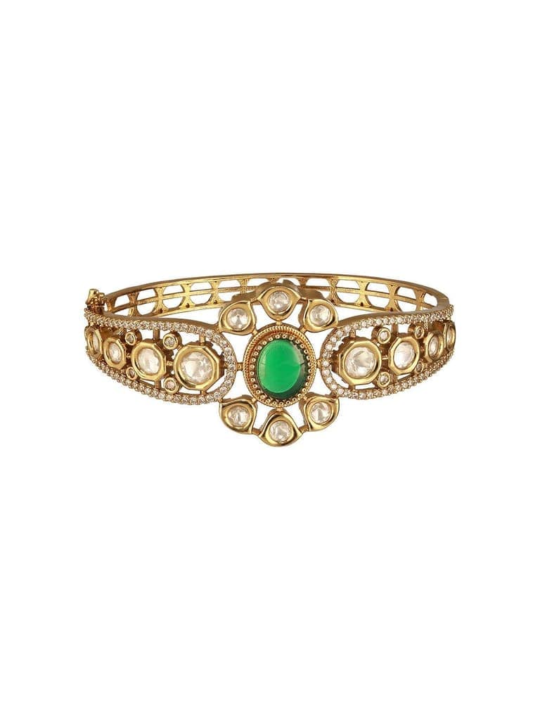 Gold Polish Green Emerald Kundan Mossanaite Studded Floral Openable Kada Bracelet view 7