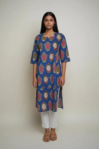 Pedana Kalamkari Screen-Print Cotton Kurti in Blue with Stylized Faces