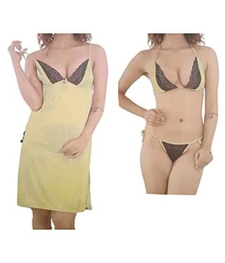 FooFaa Satin 3 Piece Nighty Night Dress Suit Nightdress Set - Babydoll/Bra/Thong Beige - Free Size