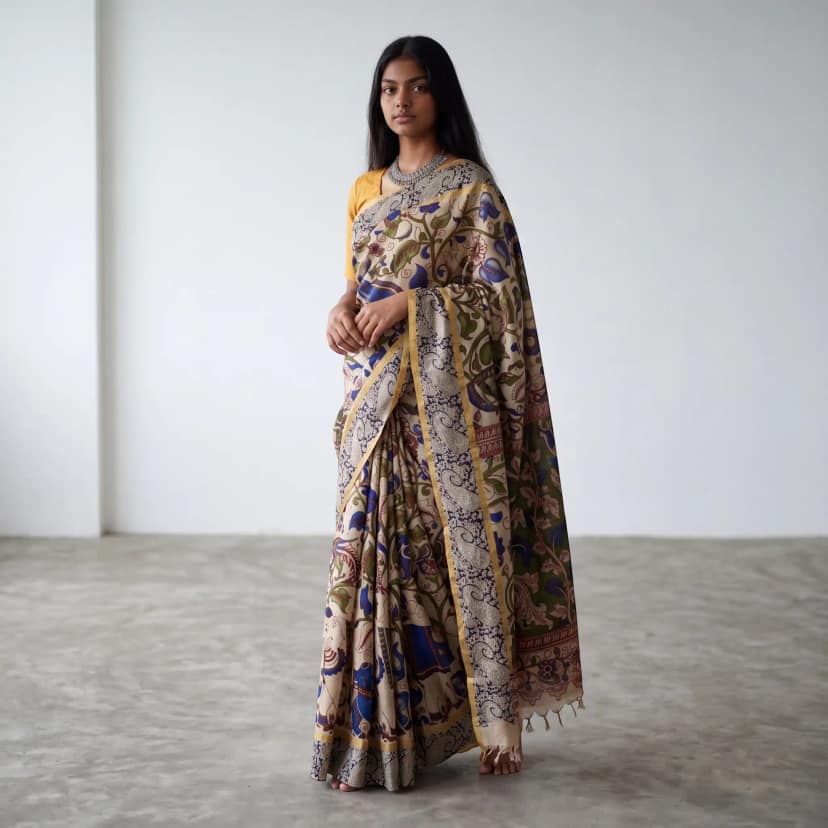 Pedana Kalamkari Semi Pattu Saree in Cream with Block-Printed Blouse view 2
